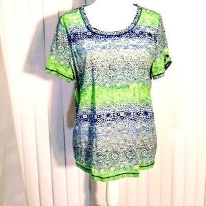 GLORIA VANDERBILT*SHORT SLEEVE TOP*BLUES & GREENS*WOMEN SIZE L*NWOT.